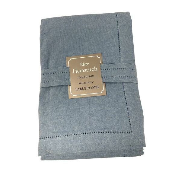 Elite Hemstitch 100% Cotton Light Blue Tablecloth 60" x 118" NWT - Picture 1 of 3